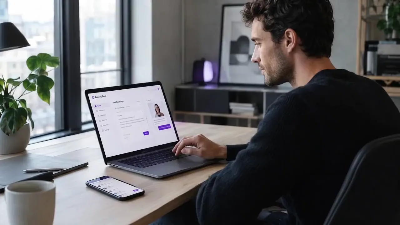 A man at his desk with Speedy Text open on his laptop and his phone beside it